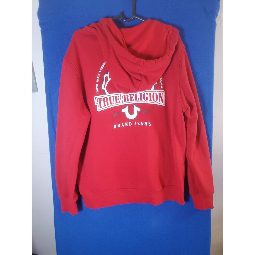 True Religion Men XL Red Buddha Zip Up Hoodie Horseshoe Logo Sweater - Picture 10 of 16